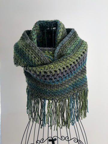 Forest Green Multi-Colored Vanity Scarf With Fringe