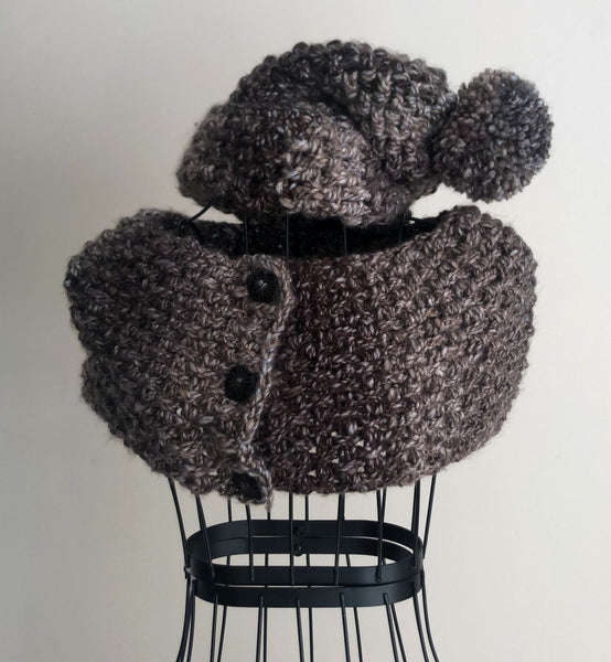 Grey Brown Vanity Cowl with Buttons and Hat
