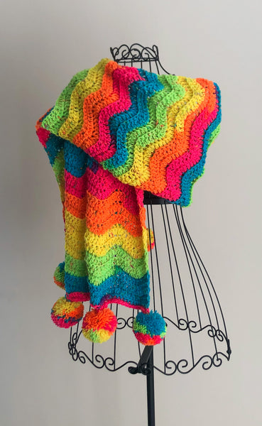 Neon Multi Colored Scarf with Pom-Poms