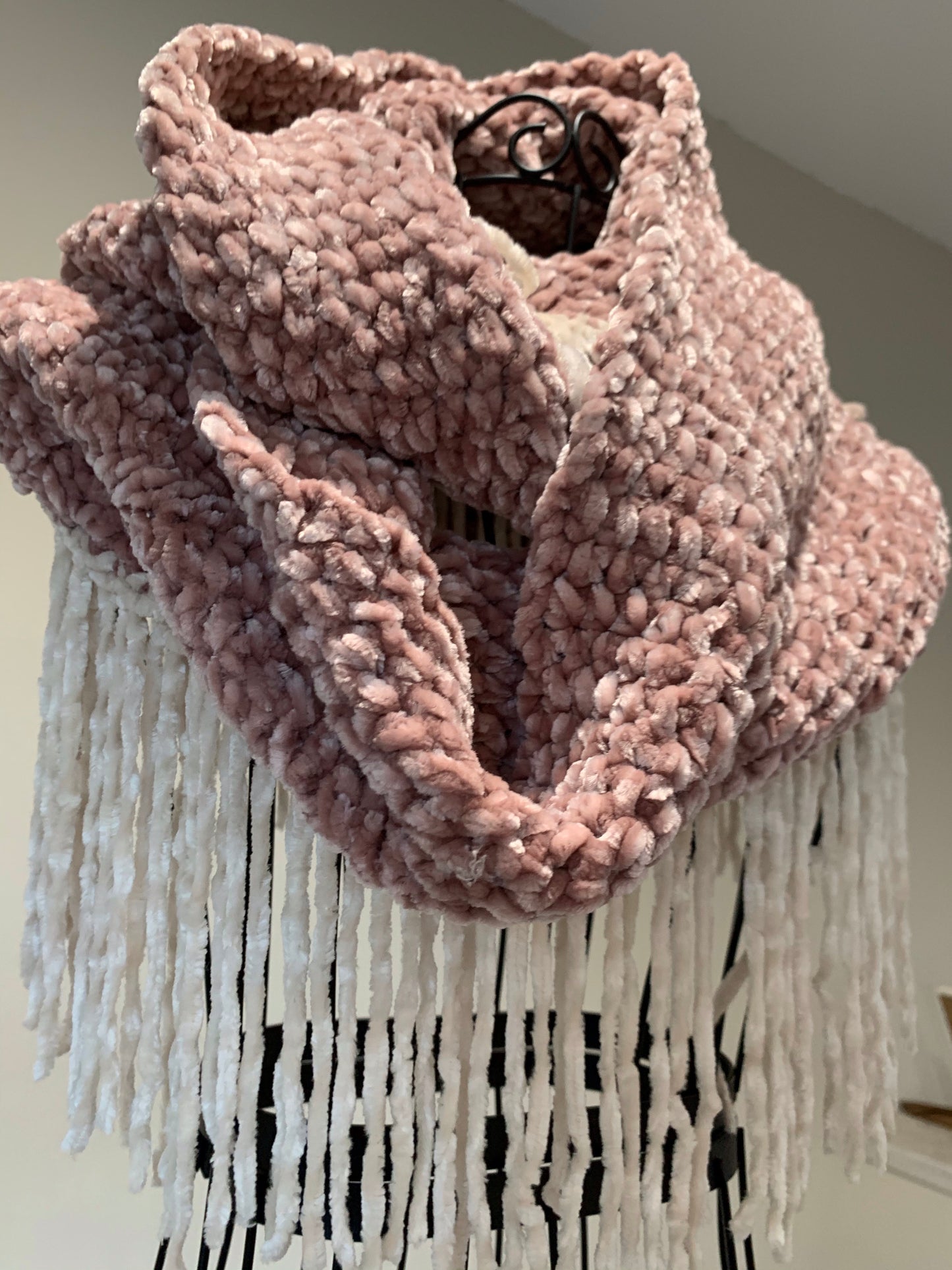Luxe Pink Chenille Champagne Infinity Scarf with Cream Colored Fringe