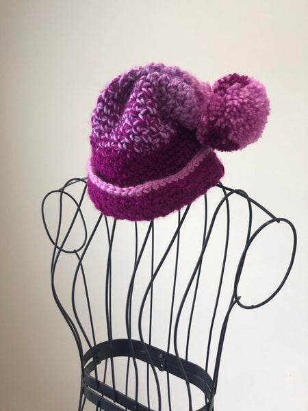 Grape Pink Scarf with Pompoms and Matching Hat