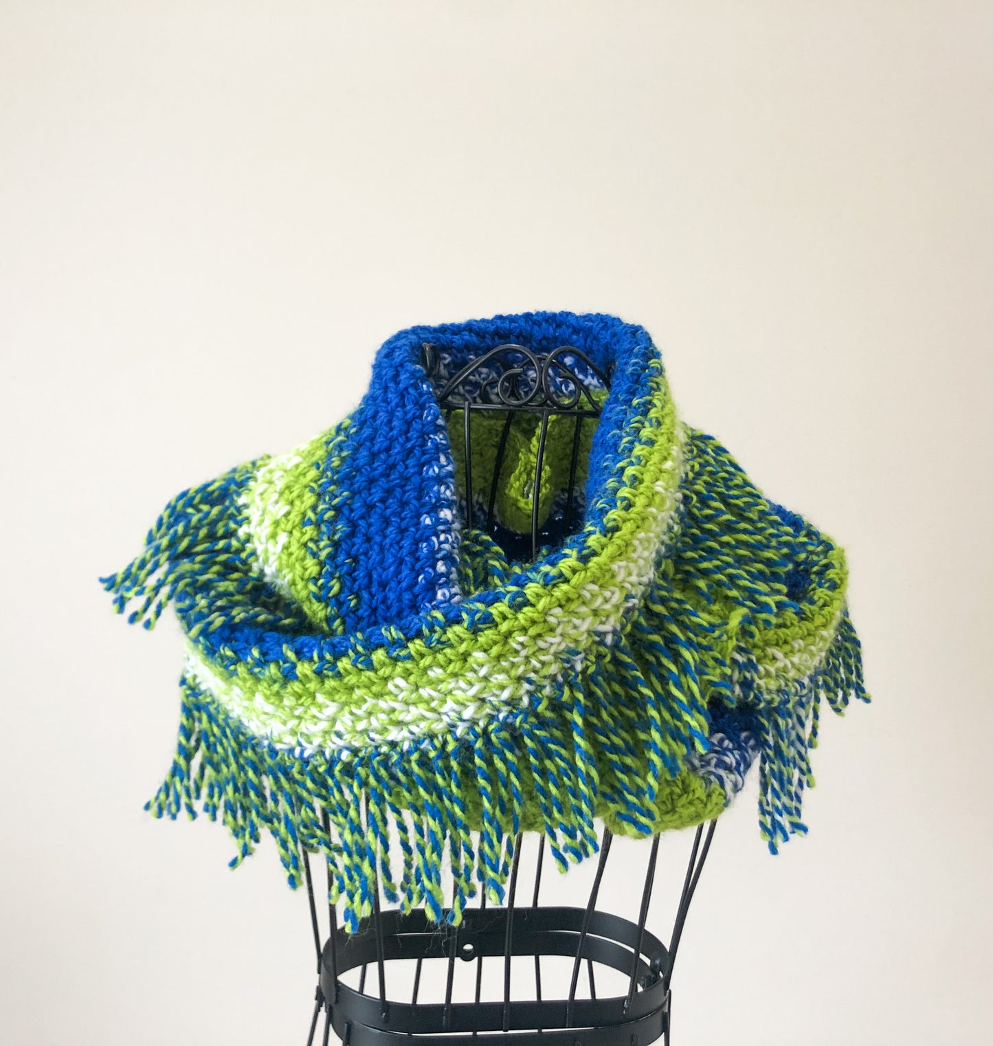 Green & Blue Infinity Scarf with Fringe